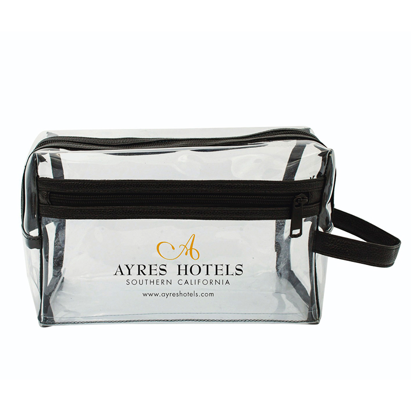 Super soft clear vinyl toiletry bag w/leatherette accent (HP1115)