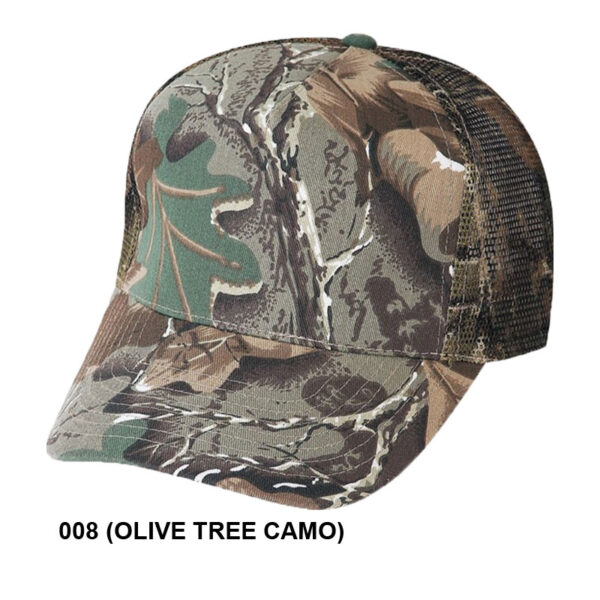 Low Crown (Constructed) 5 Panel Camo Twill Mesh Cap - olive tree camo (23201)