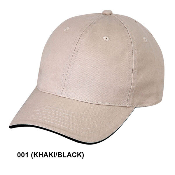 Low Crown (Unconstructed) Chino Cap Washed Twill Cap w/ Sandwich Bill - khaki/black (26202)