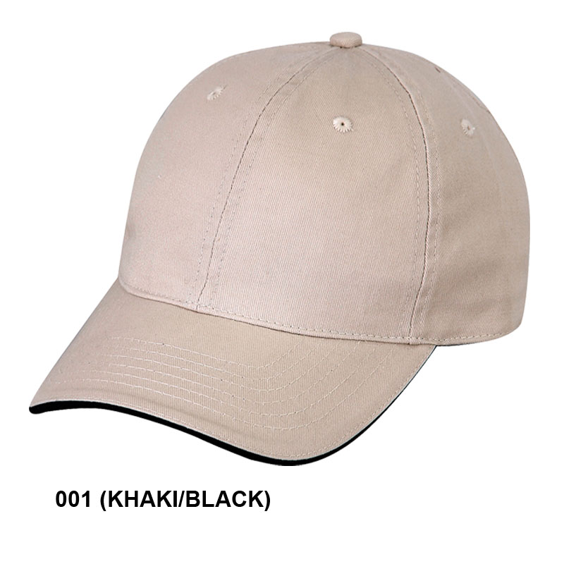 Low Crown (Unconstructed) Chino Cap Washed Twill Cap w/ Sandwich Bill - khaki/black (26202)