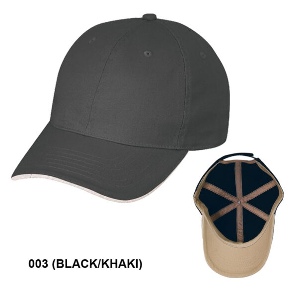 Low Crown (Unconstructed) Chino Cap Washed Twill Cap w/ Sandwich Bill - black/khaki(26202)