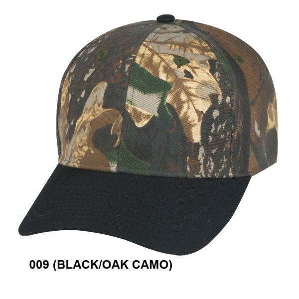 Low Crown (Constructed) 6 Panel Camo Twill Cap w/ Black Bill - black/oak camo (29105)